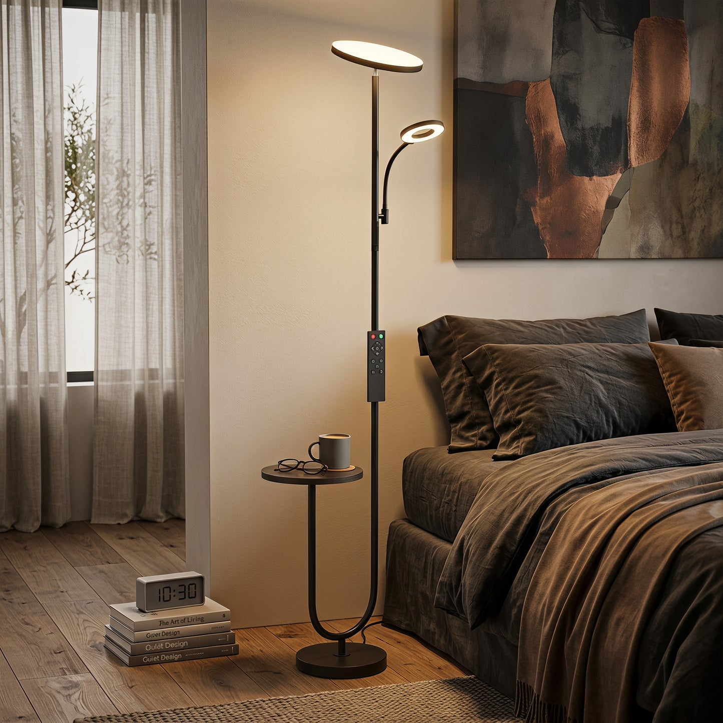 HOMCOM Uplighter Floor Lamp with Table and Reading Light, Dual Light Dimmable Standing Lamp with Remote & 4 Colour Temperatures