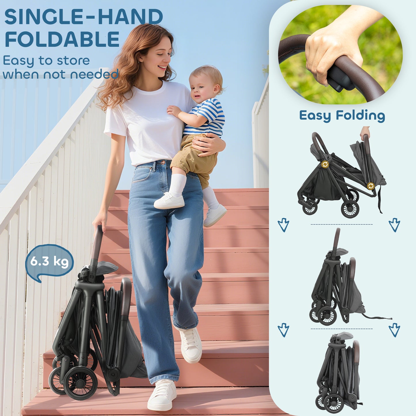 AIYAPLAY Foldable Baby Stroller with Adjustable Seat, 5-Point Harness, Canopy, Basket, 6.3kg Lightweight & Compact, Dark Grey