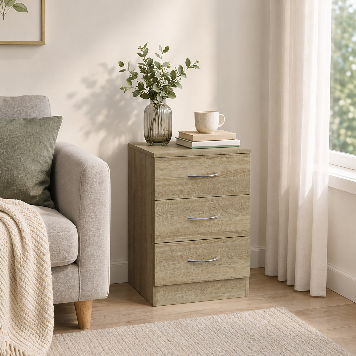 HOMCOM Three-Drawer Simple Bedside Table - Oak