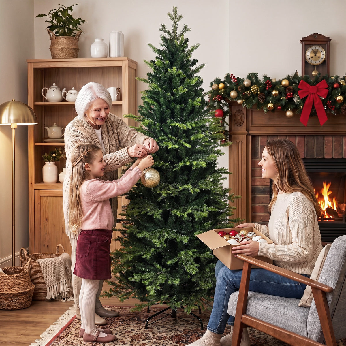 HOMCOM Geneva Fir Hinged Xmas Tree, 6ft/180cm Artificial Christmas Tree with 1610 Branch Tips, Foldable Steel Stand, Green