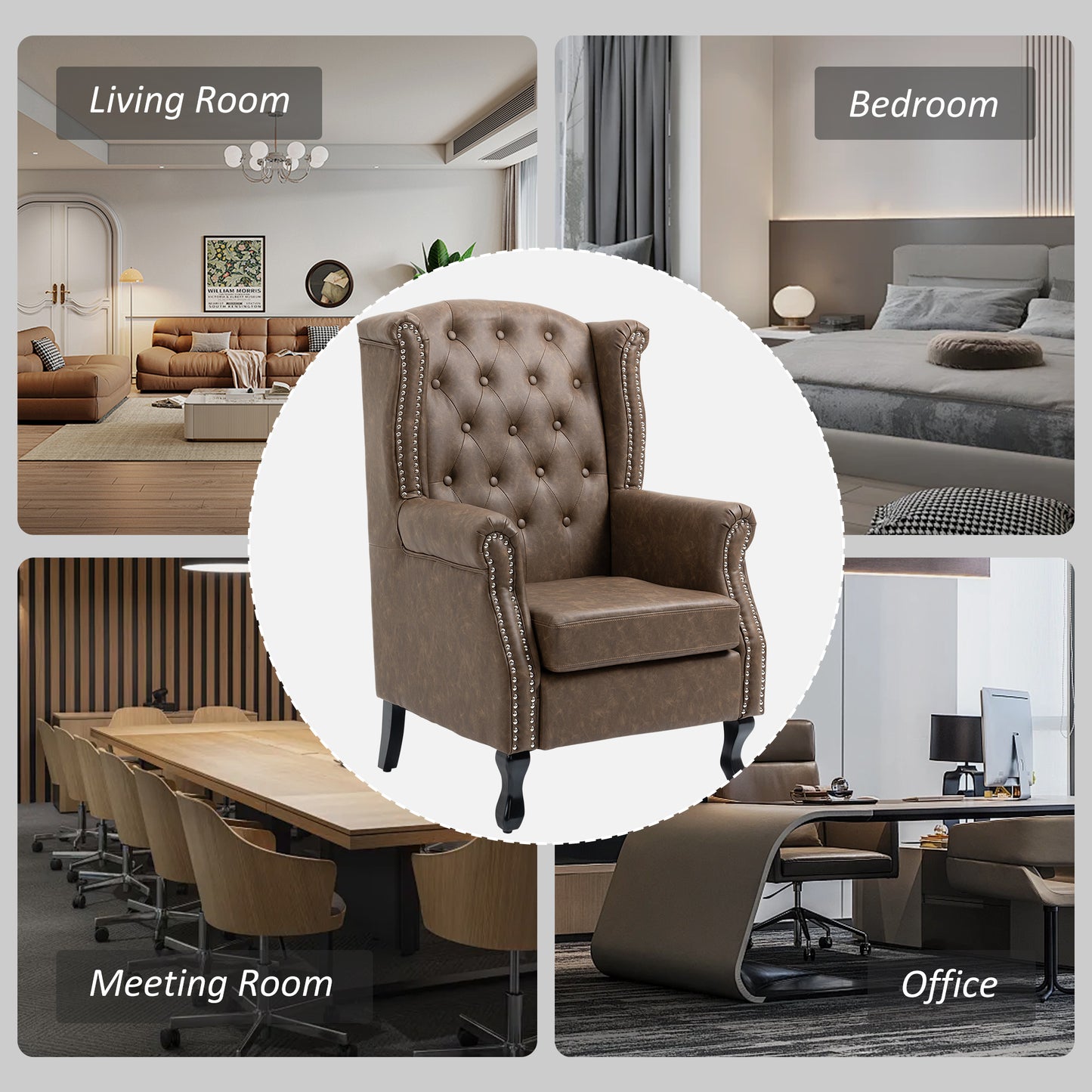 HOMCOM Wingback Accent Chair Tufted Chesterfield-style Armchair with Nail Head Trim for Living Room Bedroom Brown