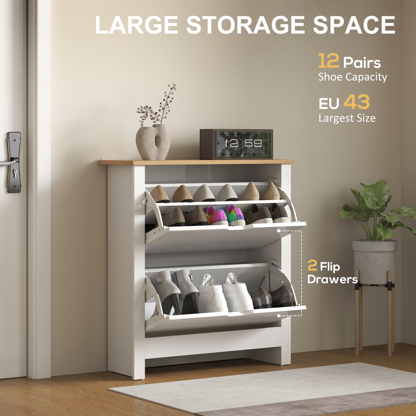 HOMCOM Slim Shoe Cabinet, Narrow Shoe Cupboard with 2 Flip Drawers, Adjustable Shelves for 12 Pairs of Shoes, High Gloss White