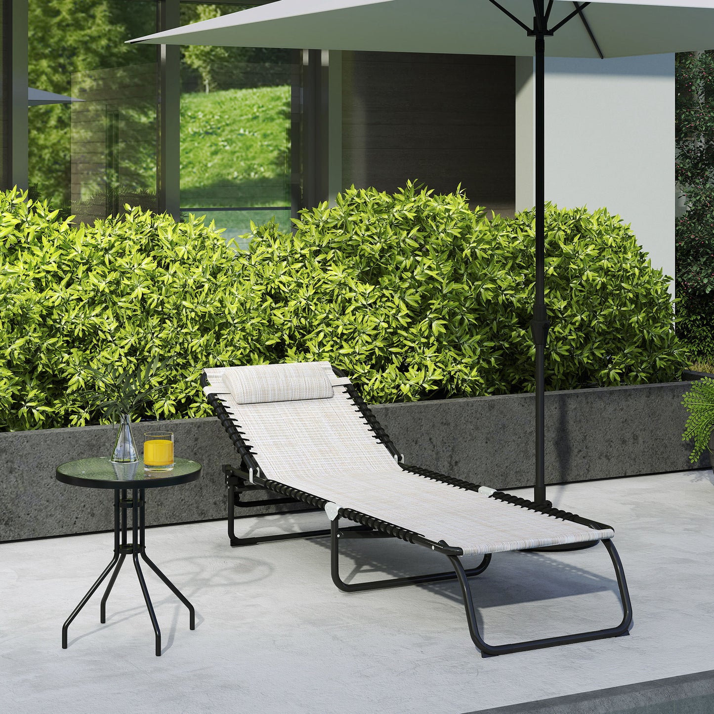 Outsunny Foldable Sun Lounger, Outdoor 4 Level Adjustable Backrest Reclining Chaise Chair, Steel Frame Recliner Chair for Camping, Hiking, Cream White