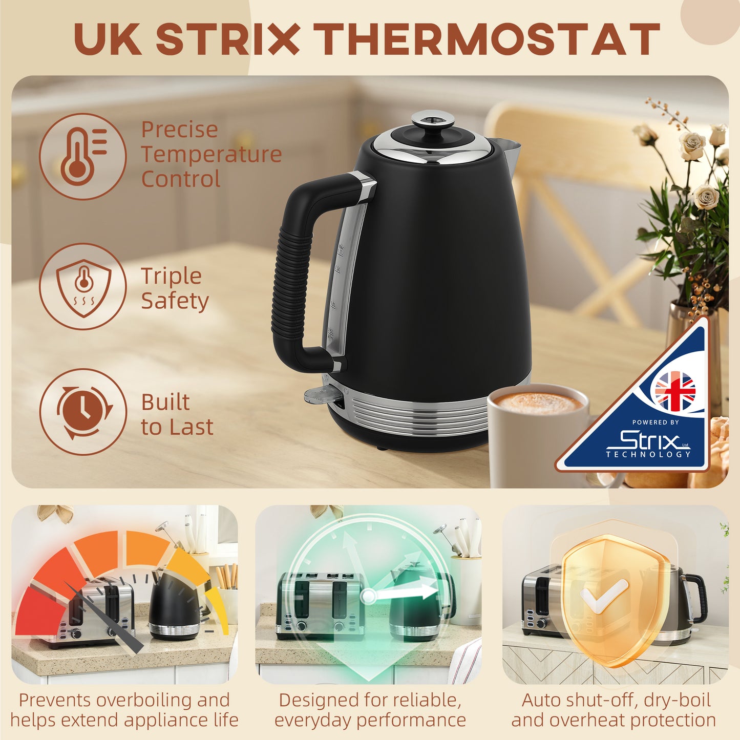 HOMCOM Stainless Steel Kettle and Toaster Set, 1.7L 3000W Rapid Boil Jug Kettle with UK Strix Thermostat, Limescale Filter, 4 Slice Toaster with 7 Browning Controls, Crumb Tray, Black and Silver Tone