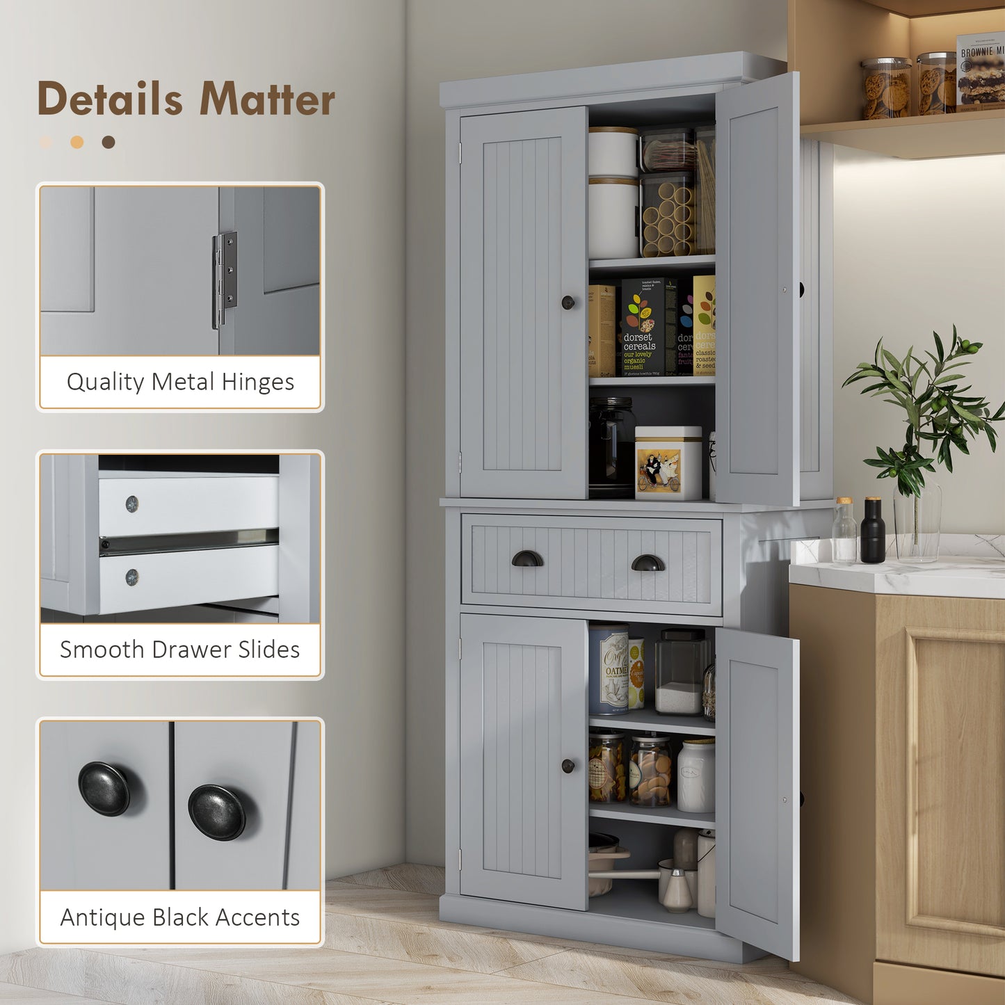 HOMCOM Grey Kitchen Cabinet Painted Kitchen Cupboards with 3 Adjustable Shelves