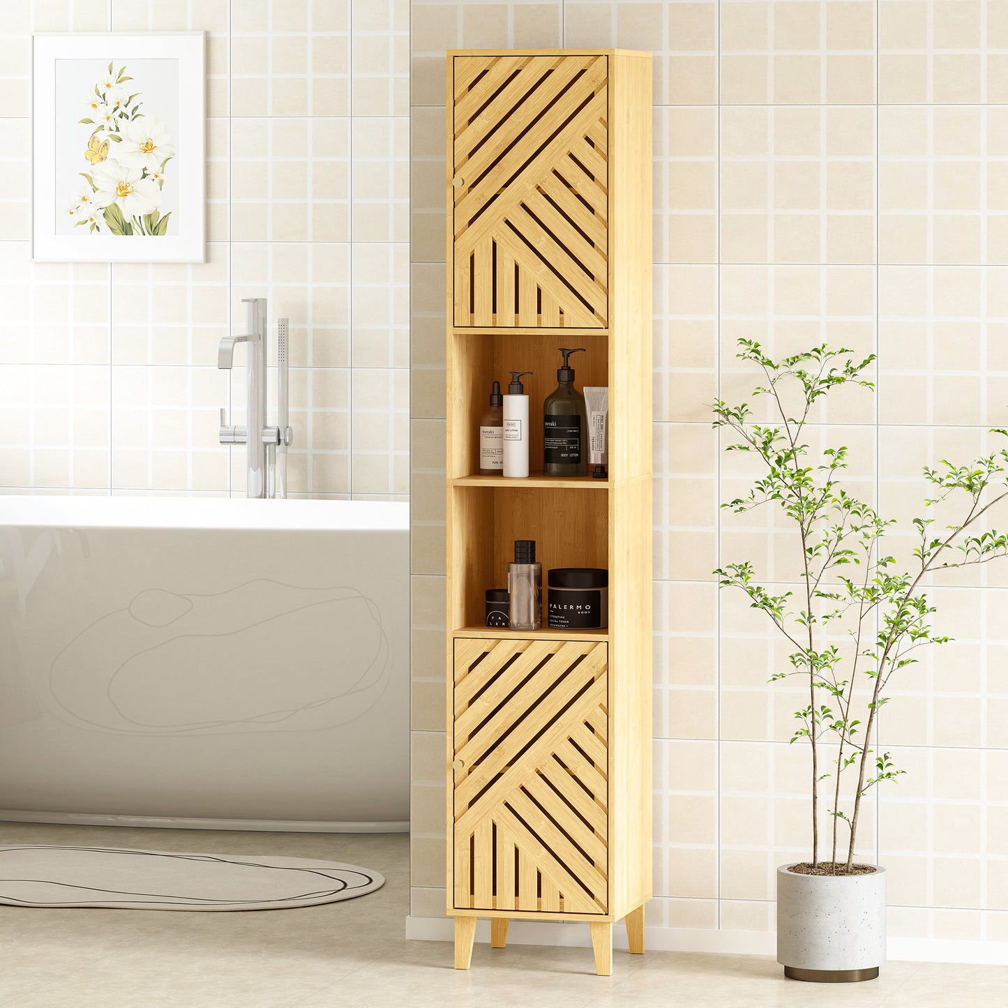 HOMCOM Multi-Storage Bamboo Door Bathroom Cabinet - Natural Finish