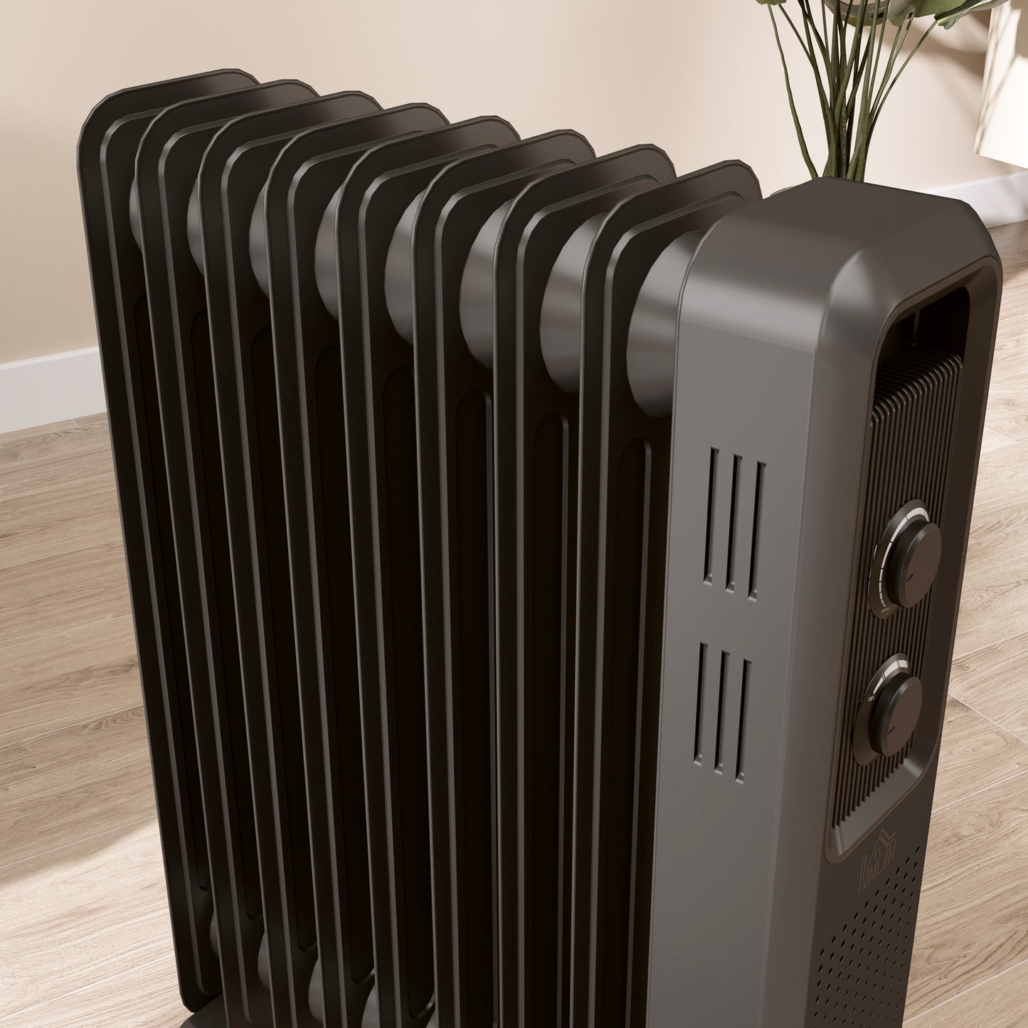 HOMCOM 2000W Oil Filled Radiator, 9 Fin, Portable Electric Heater with 3 Heat Settings, Safety Cut-Off and Wheels, Grey