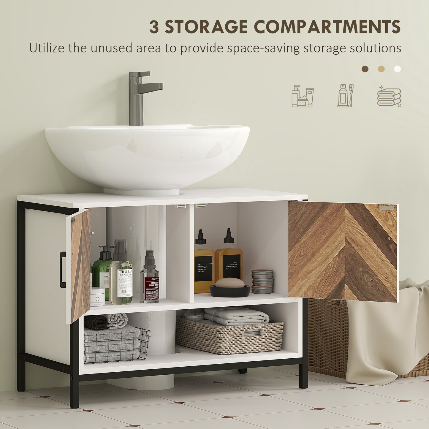 HOMCOM Under Sink Bathroom Cabinet, Rustic Under Sink Cabinet with Herringbone Doors and Open Compartment for Basin with or without Pedestal, 80 x 40 x 60cm, Cream White