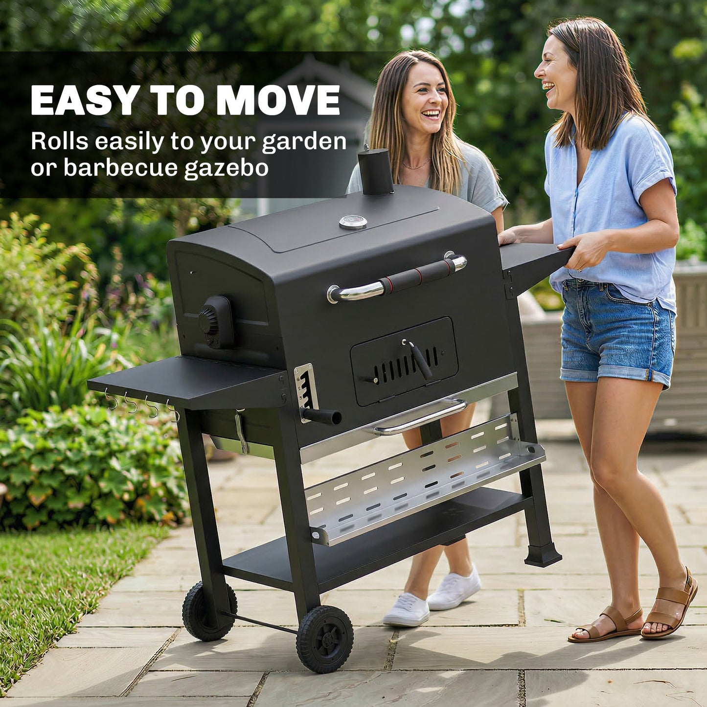 Outsunny Charcoal BBQ Grill Smoker with Electric Rotisserie Kit, Portable Barbecue Grill with Warming Rack, Black