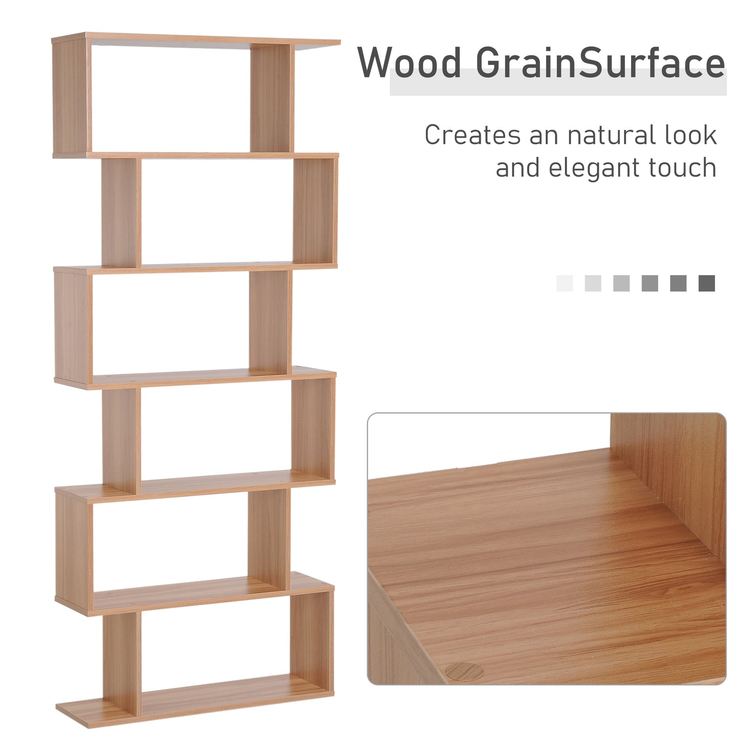 HOMCOM Bookcase, 6 Tier Shelf S Shaped Bookshelf, Storage Unit, Display Shelf for Living Room, Bedroom, Home Office, Plant, Maple