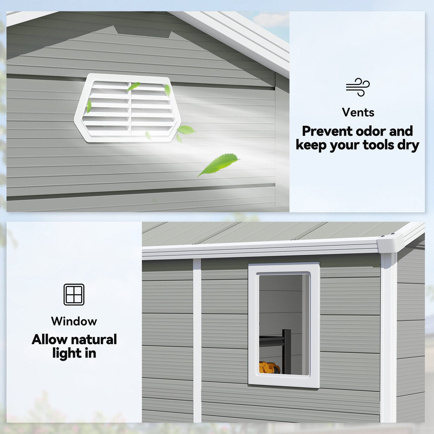 Outsunny 7.9ft x 6.2ft Aluminium Frame and Plastic Wall Shed, with Foundation - Light Grey