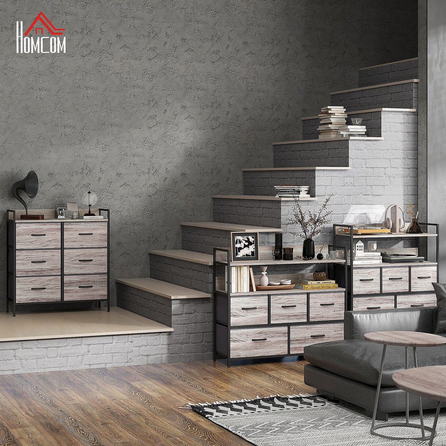 HOMCOM Rustic Chest of Six Fabric Drawers - Grey Wood Effect