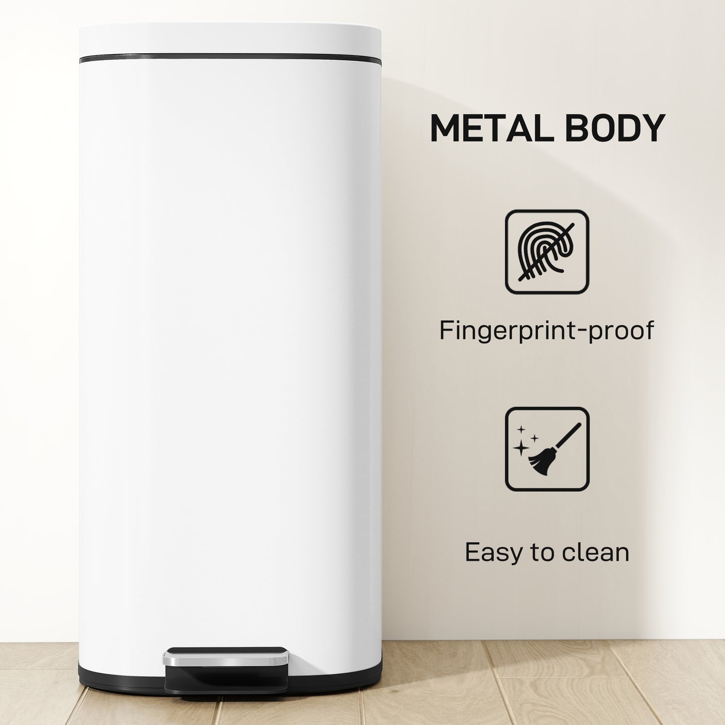 HOMCOM 30L Kitchen Bin, Compact Pedal Bin with Soft-Close and Stay-Open Lid, Removable Bucket for Kitchen, Home, Office, White