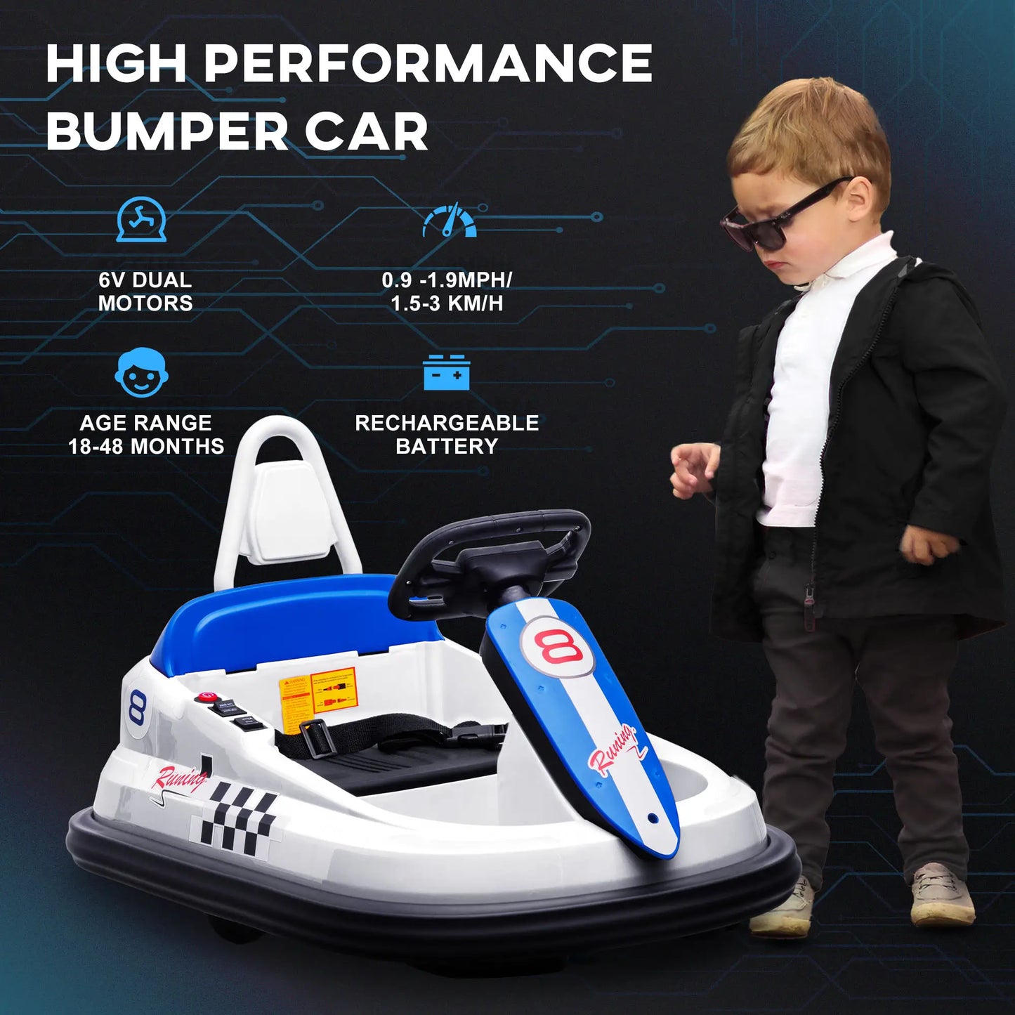 6V Electric Kids Dodgem Bumper Car, 6V Spin Waltz Car, with Music, Horn, Lights - White