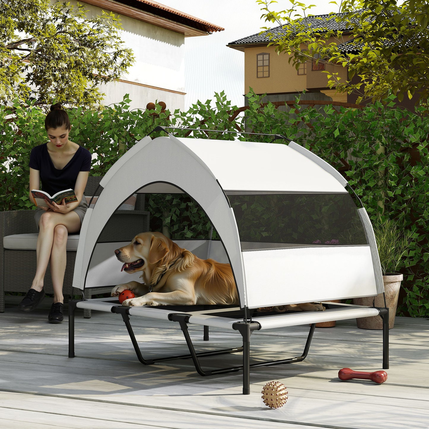 PawHut Portable Elevated Dog Bed with Removable Canopy, Cooling Raised Pet Cot for Large Dogs, 106 x 76 x 94 cm