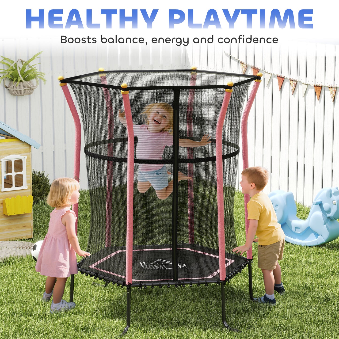 HOMCOM Kids Trampoline Mini Bouncer with Enclosure Safety Net For Ages 3-10 Years - Pink