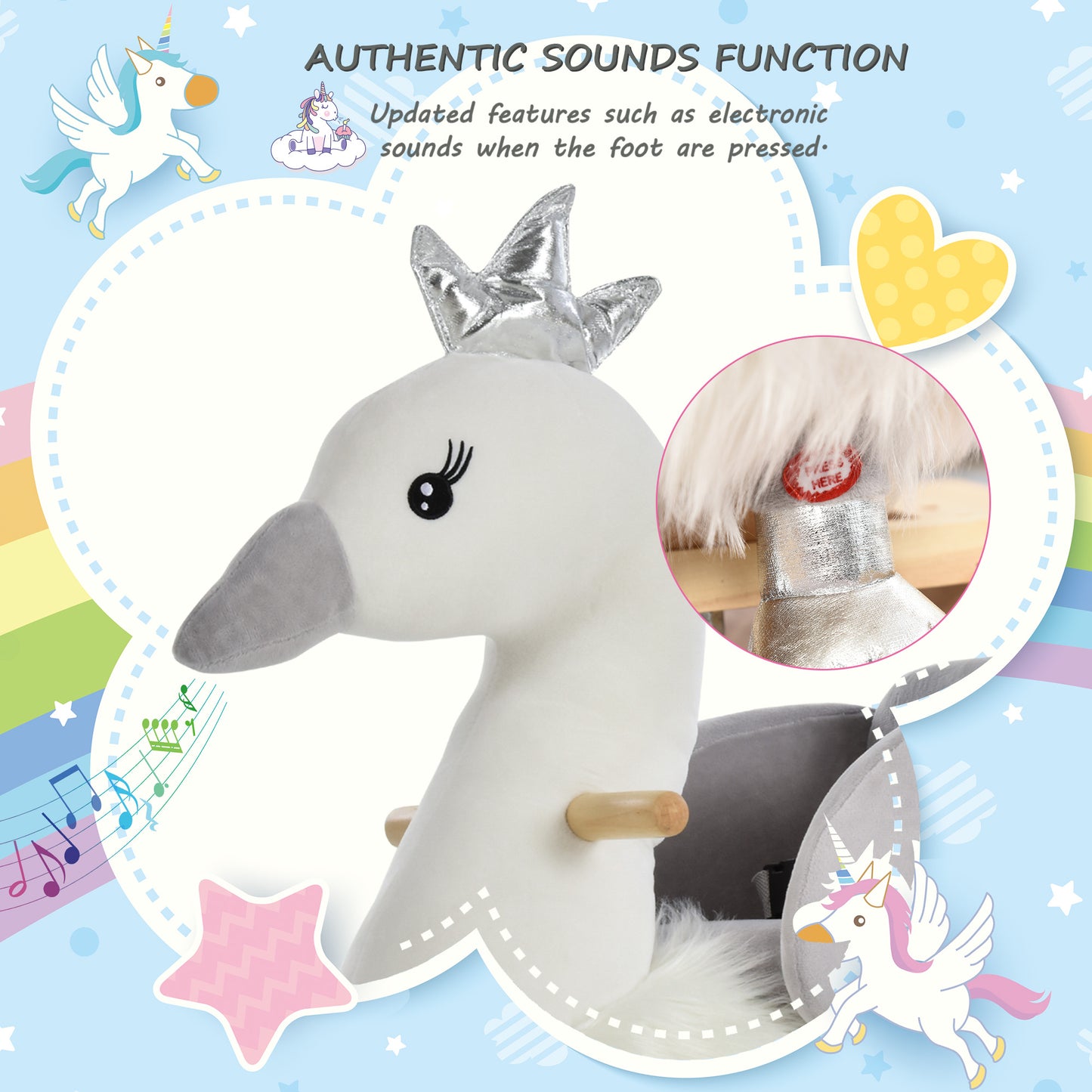 HOMCOM Kids Rocking Horse, Children Plush Ride On Swan Animal Rocker w/ Sound, Wood Base Seat, Safety Belt, Baby Toy Rocker for Toddler 18 - 36 Months, White and Grey