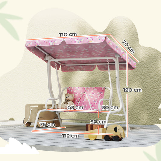 AIYAPLAY Kids Porch Swing, 2-Seater Patio Swing Bench Hammock with Seat Belts, Adjustable Canopy for Garden, Pink