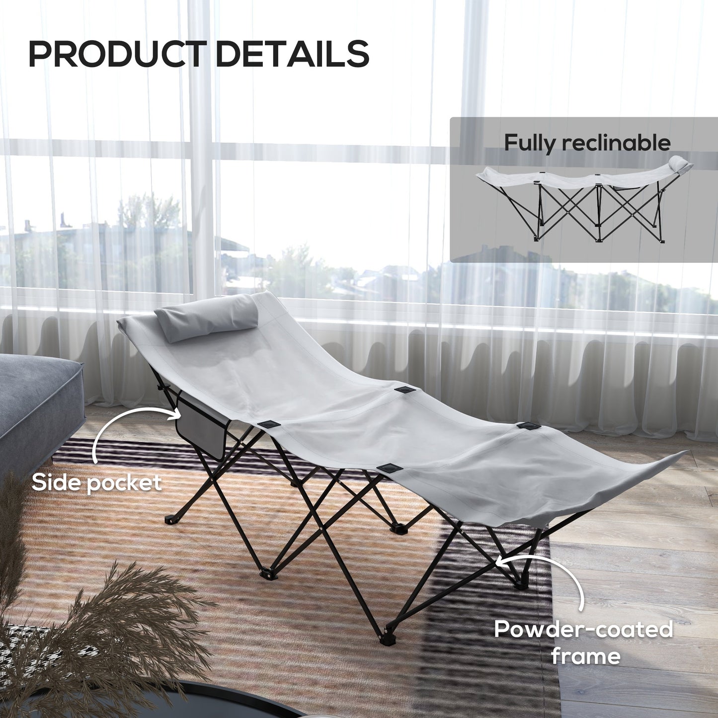 Outsunny Camping Bed for Adults, Single Folding Camp Bed, Portable Camping Cot with Side Pocket, Headrest and Oxford Seat for Outdoor, Travel, Fishing, Light Grey