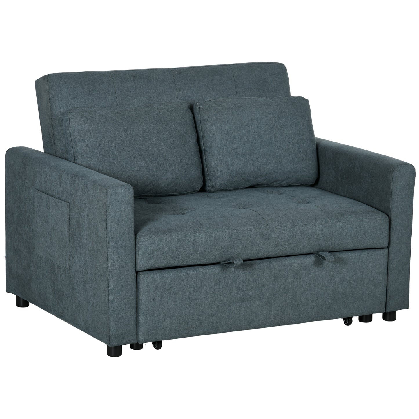 HOMCOM Loveseat Sofa Bed, Convertible Bed Settee with 2 Pillows, Side Pockets, Charcoal Grey
