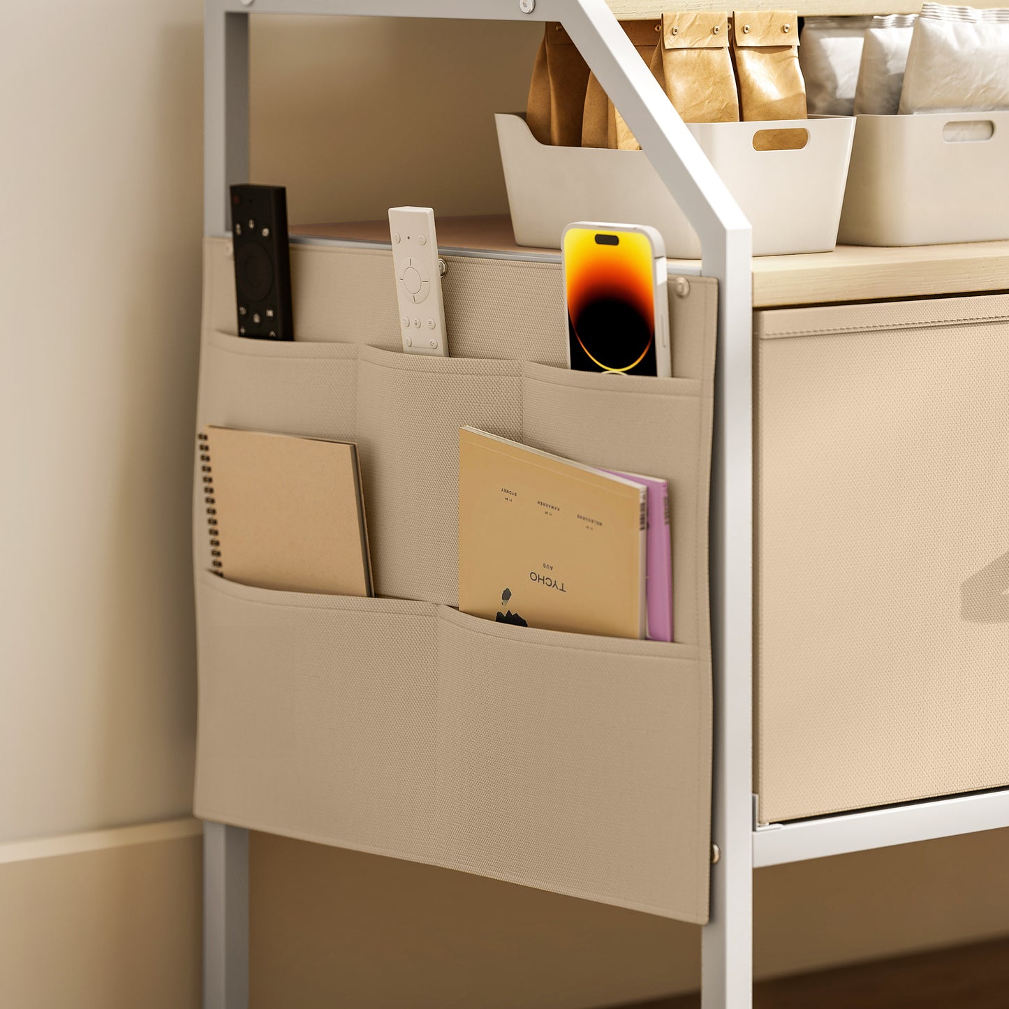 HOMCOM TV Stand Cabinet, TV Unit for 55-inch TVs with 2 Foldable Fabric Drawers, 5 Divided Side Pockets, Open Shelves, Console Table for Living Room, Bedroom, Entertainment Room, Natural Wood Finish