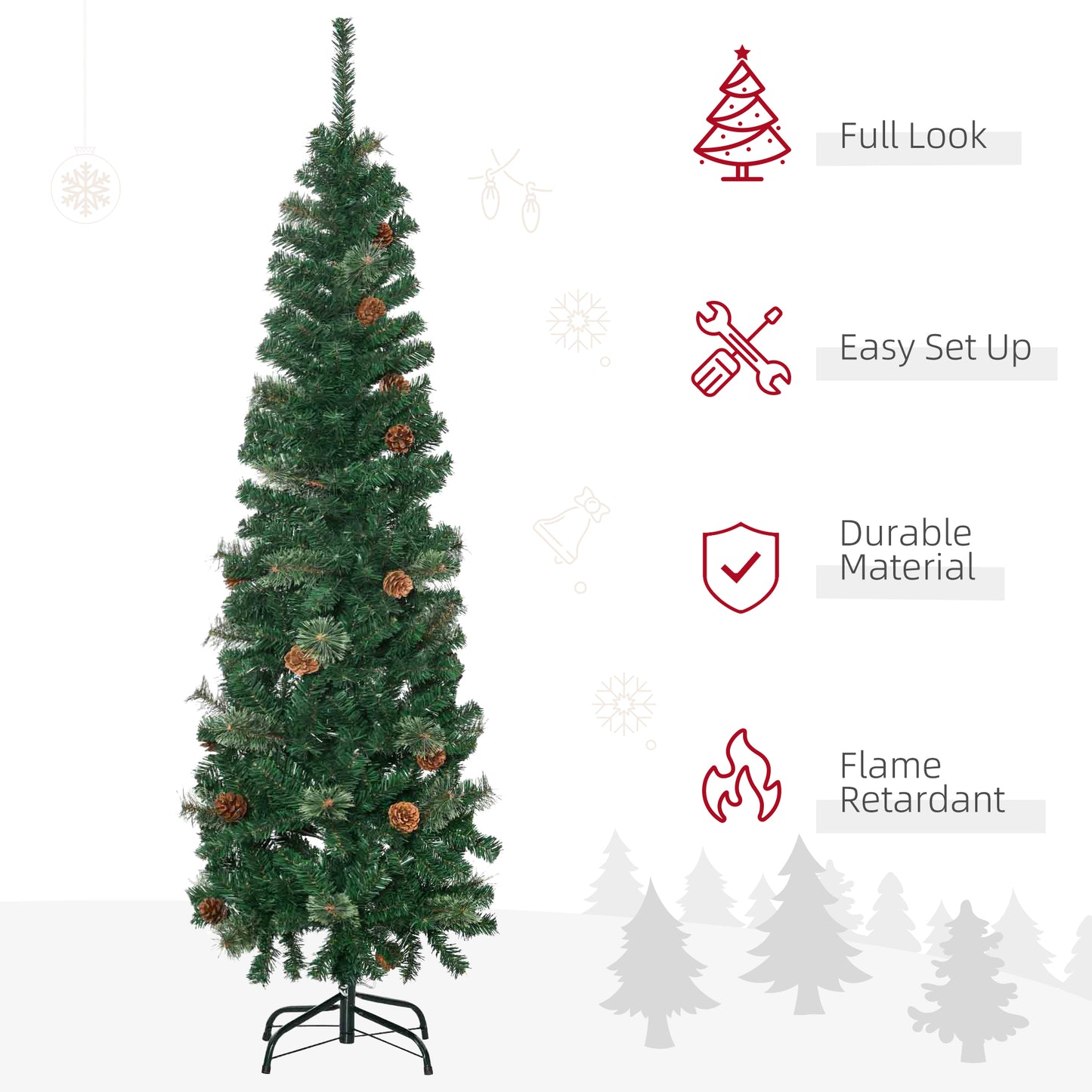 HOMCOM 5.5FT Tall Pencil Slim Artificial Christmas Tree with Realistic Branches, Tip Count and Pine Cones, Pine Needles Tree, Xmas Decoration, Green