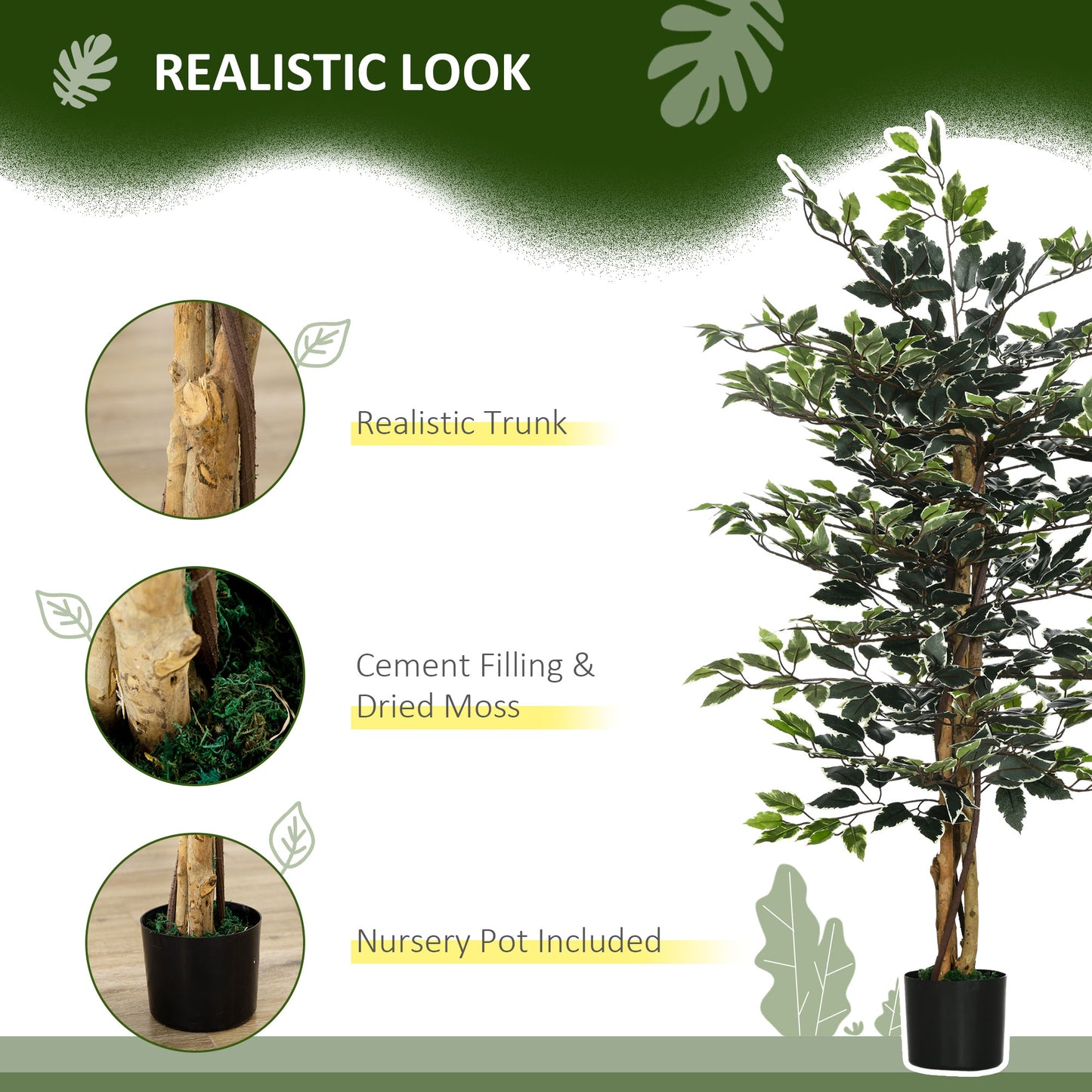 HOMCOM 4.5ft Ficus Artificial Plant with Realistic Leaves, Potted Fake Tree for Home Office Indoor Decor, Green