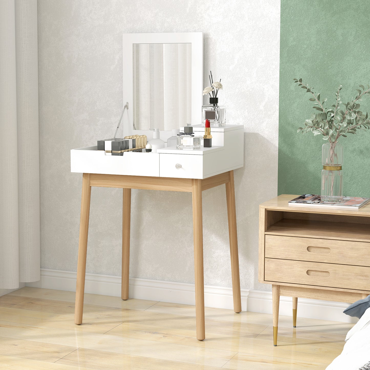HOMCOM Dressing Table with Flip-up Mirror, Makeup Desk with 2 Drawers, Vanity Table Writing Desk for Bedroom Living Room, White