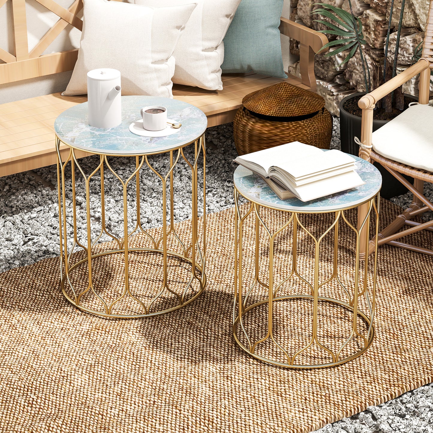 Outsunny Round Coffee Table Set of 2, Modern Nesting Tables with Ceramic Tile Top, Small End Tables, Indoor Outdoor Side Table with Metal Frame for Living Room, Bedroom, Patio, Balcony, Multicoloured