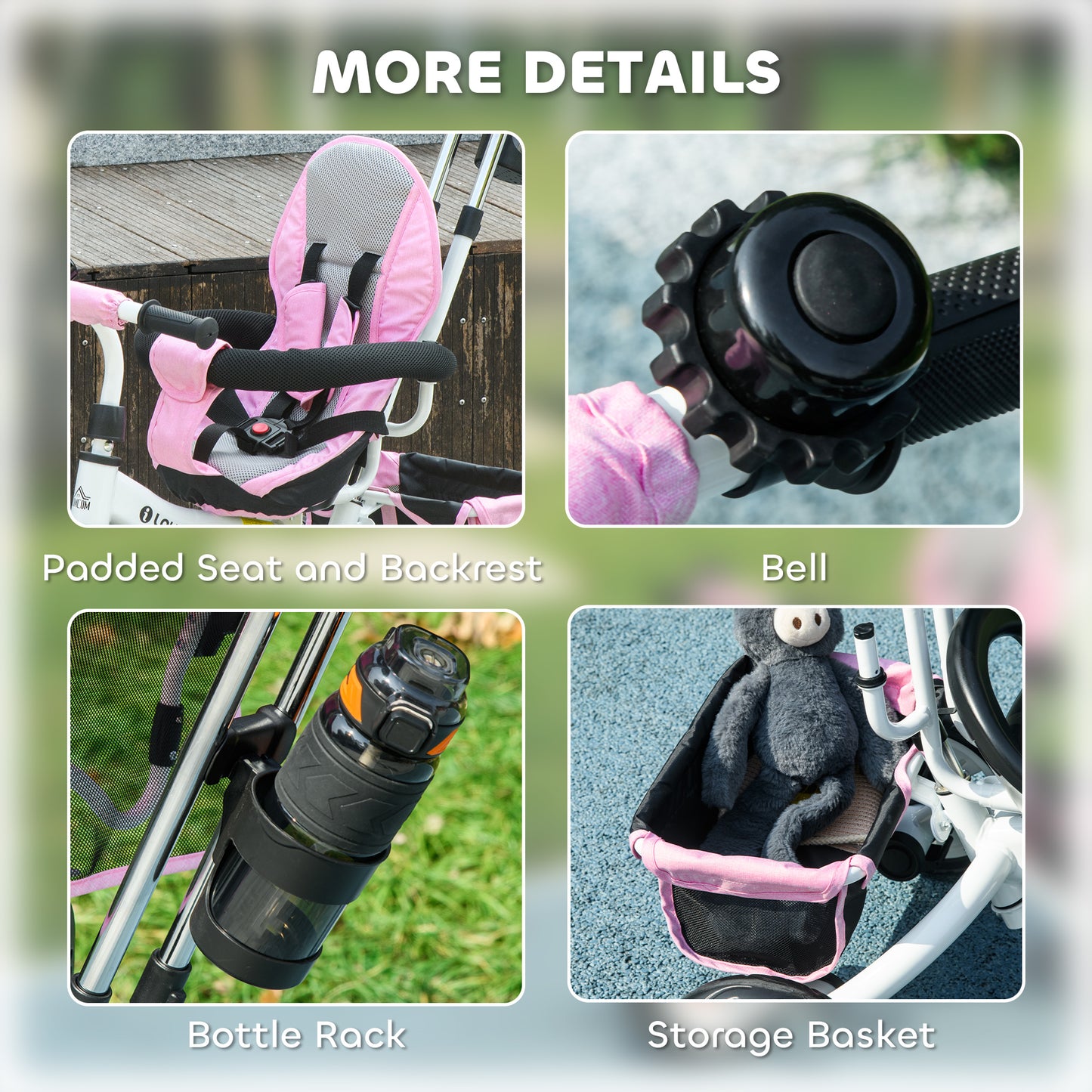 HOMCOM 6 in 1 Kids Trike Push Bike w/ Push Handle, Canopy, 5-point Seat Belt, Storage, Footrest, Brake, for 1-5 Years, Pink