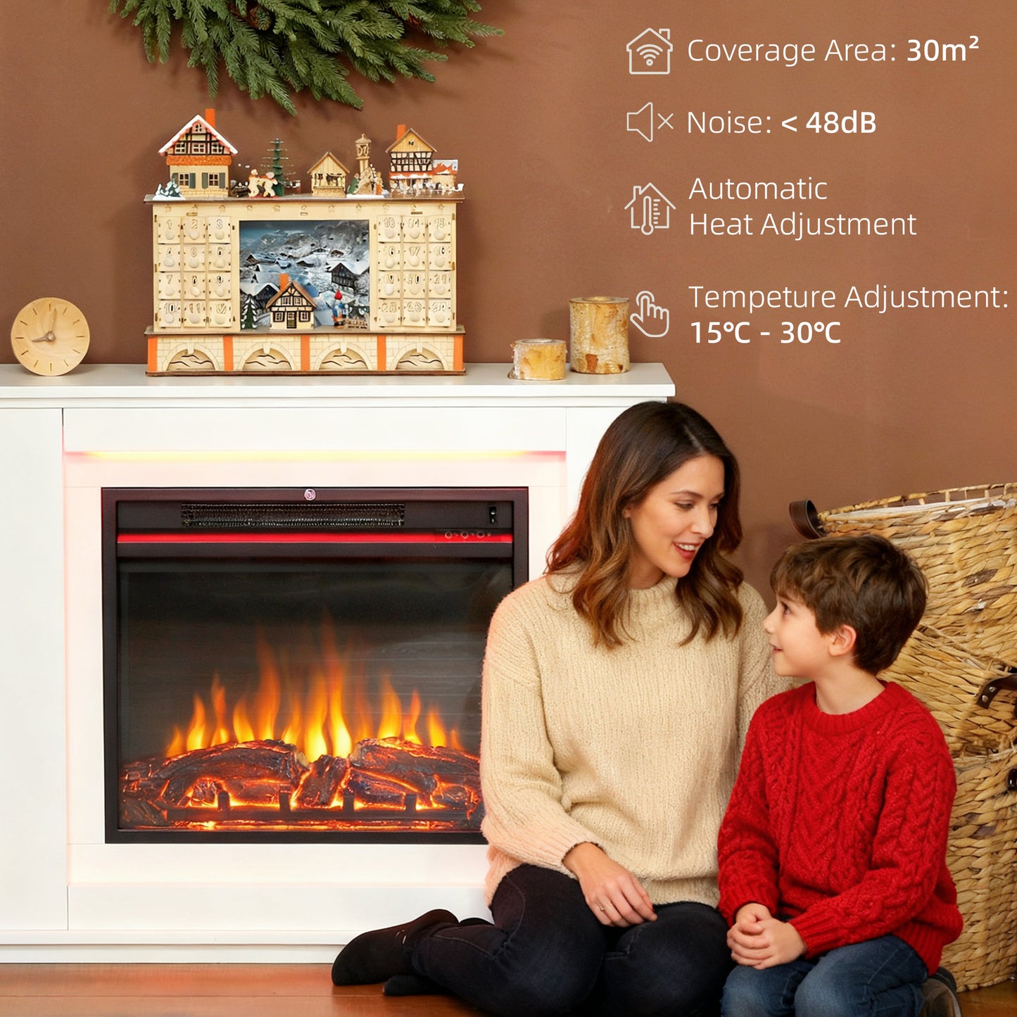 HOMCOM Electric Fireplace with 12 Colours Realistic Flame Effect & 5 Brightness Levels, 1000W/2000W Inset Electric Fire and Mantel Reach up to 30 m² Space with Remote & Timer for Living Room, White