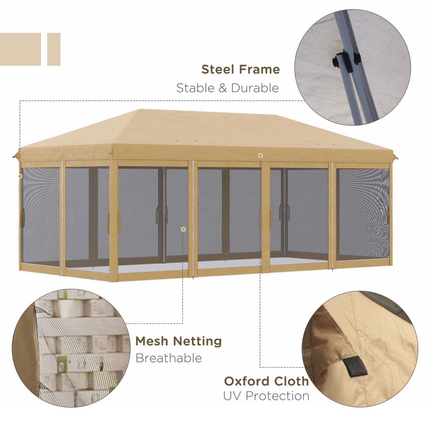 Outsunny 3 x 6m Pop Up Gazebo, Outdoor Canopy Shelter, Marquee Party Wedding Tent with 6 Mesh Walls and Carry Bag, Beige