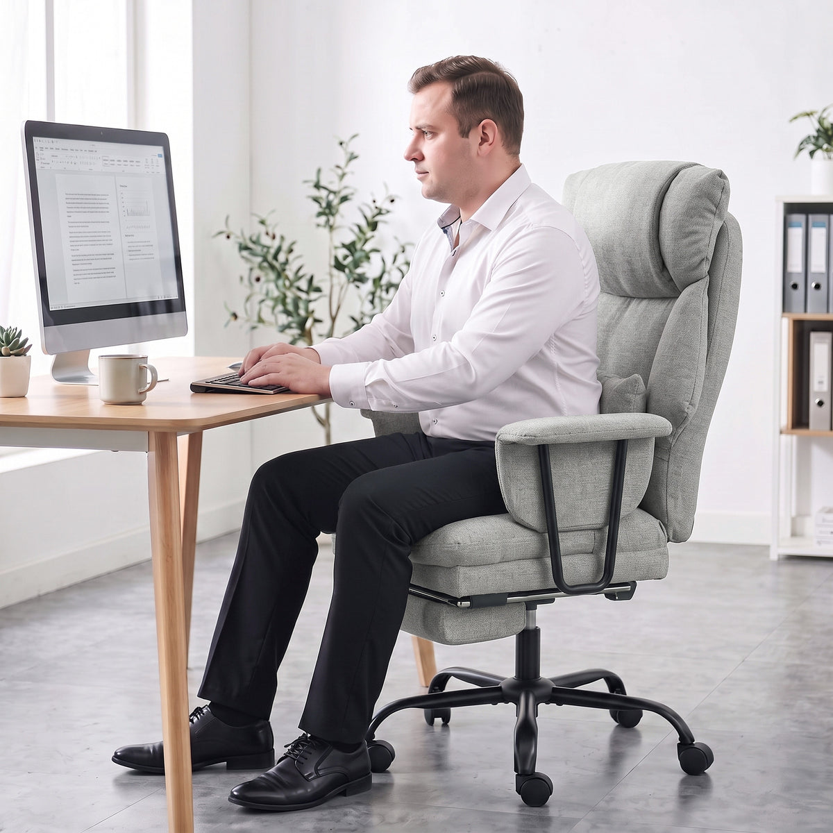 HOMCOM Office Chair, 180kg Heavy Duty Linen Computer Desk Chair with Lumbar Support, Wide Seat, Spring Cushion, Grey
