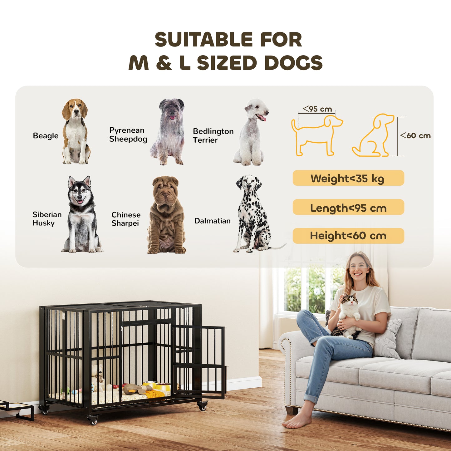 PawHut 43" Heavy Duty Dog Crate, Foldable Dog Cage, with Openable Top, Locks, Removable Tray, Wheels - Black