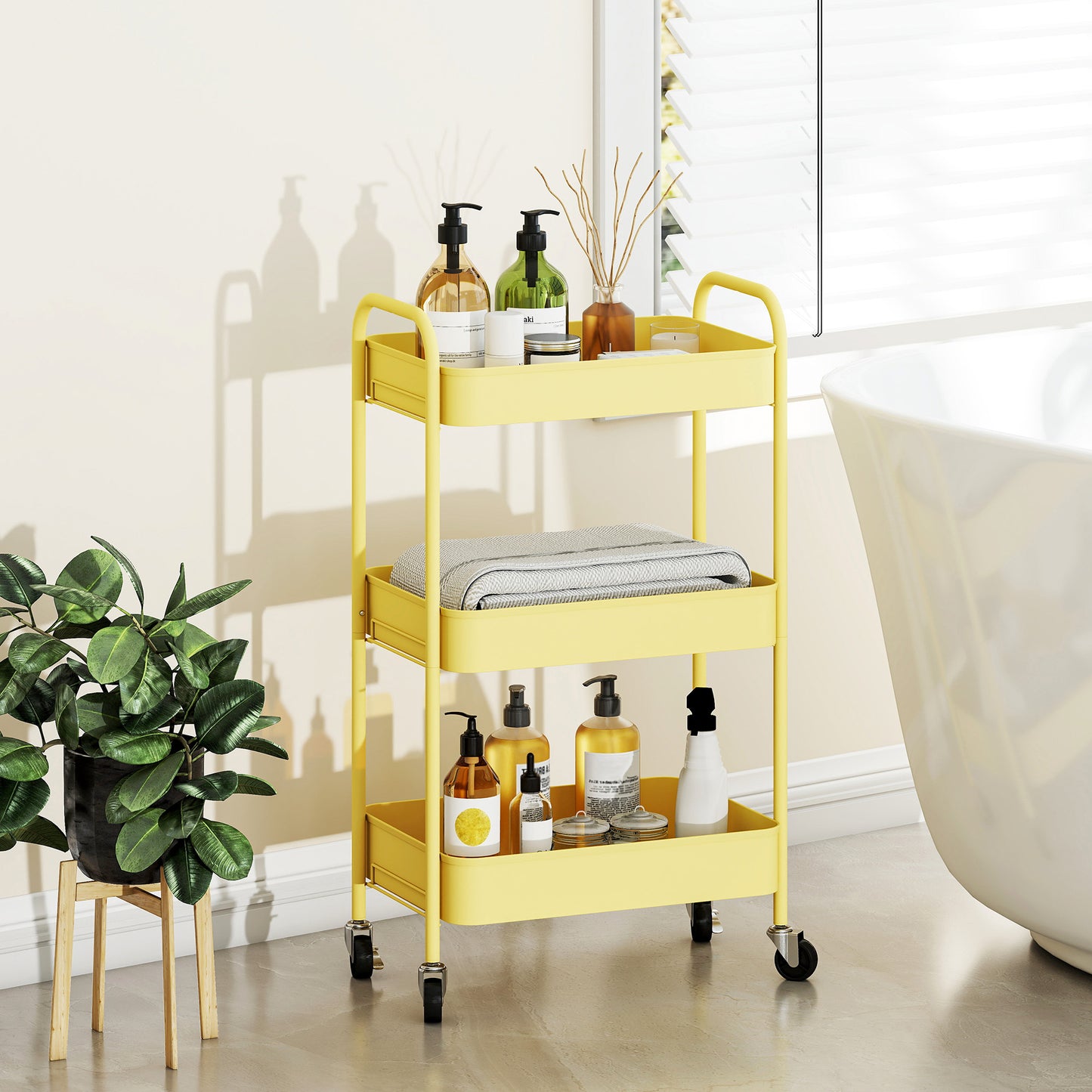 HOMCOM Three-Tier Steel Storage Trolley - Yellow