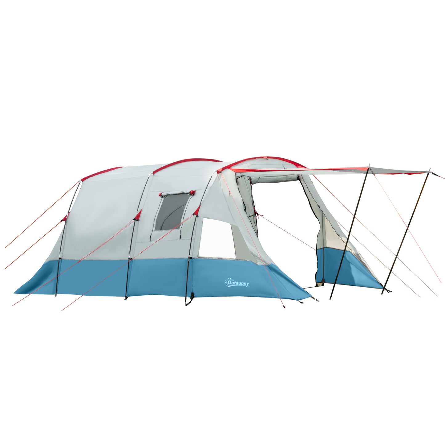 Outsunny 3 Person Tunnel Tent, Large Camping Tent with Bedroom, Living Room, Sewn-in Floor, 3 Doors, Carry Bag, 2000mm for Fishing, Hiking, Sports, Travelling, 510L x 240W x 180H cm, Blue