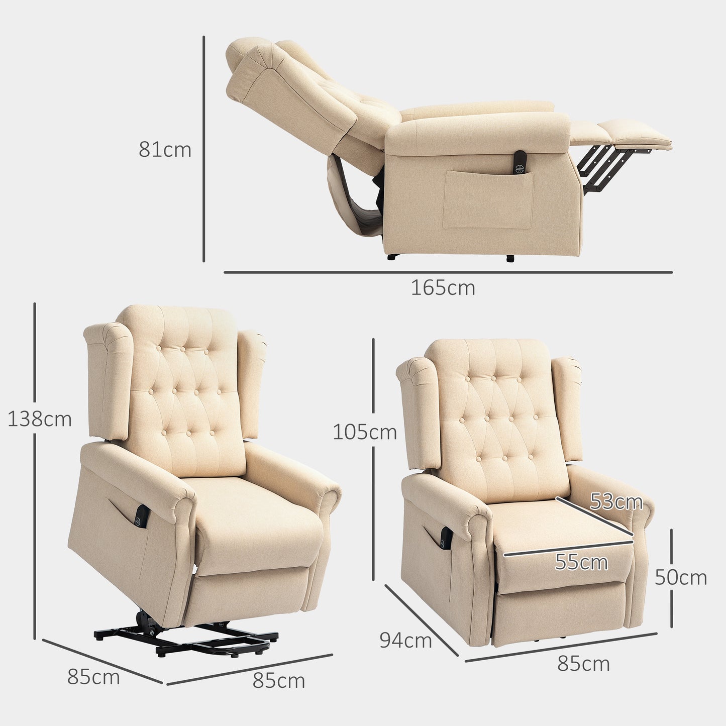 HOMCOM 45° Lifting Riser and Recliner Armchair - Beige
