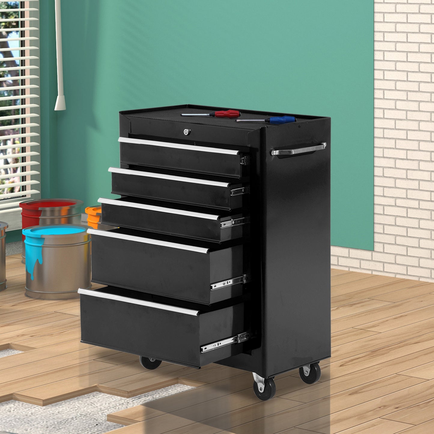 HOMCOM 5-Drawer Tool Box on Wheels, Lockable Tool Storage Cabinet with EVA Pat, Black
