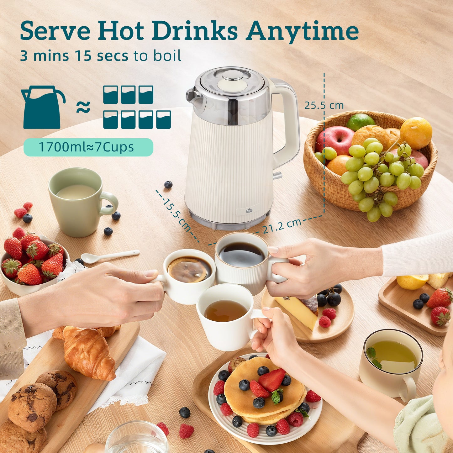 HOMCOM Electric Stainless Steel Kettle and Toaster Set, 3000W 1.7L UK Strix Thermostat Fast Boil Kettle w/ Limescale Filter, Cool Touch Body, 4 Slice Toaster with 7 Browning Levels, Crumb Tray, Cream