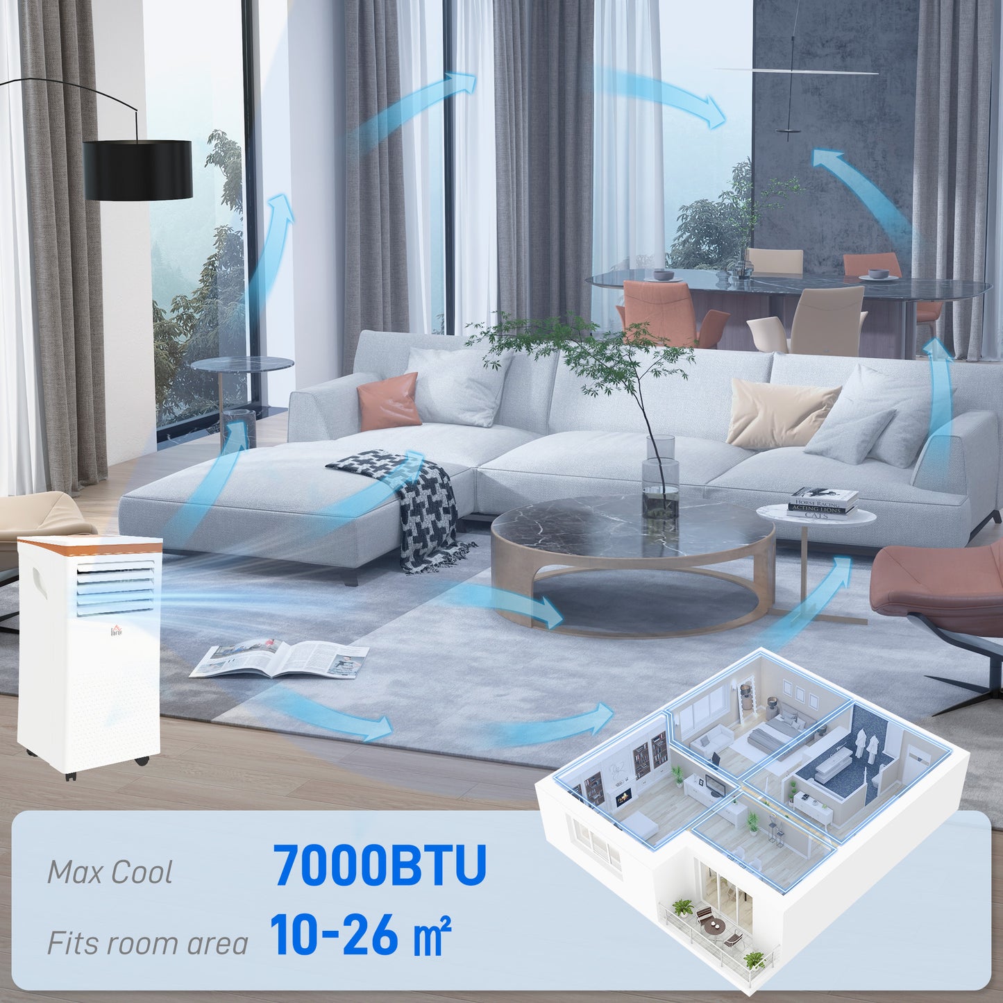 HOMCOM Portable Air Conditioner 7000 BTU, 4-in-1 Mobile Air Conditioning Unit with Cooling, Fan, Dehumidifier & Sleep Mode, LED Display, Remote Control, 24H Timer, Window Kit for Rooms up to 26㎡