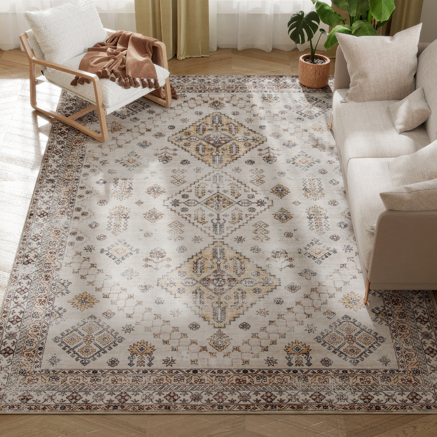 HOMCOM Vintage Area Rug, Non-Slip Washable Rug, Flannel Floor Carpet for Living Room, Bedroom, Dining Room, Home Office, 290 x 200 cm, Beige