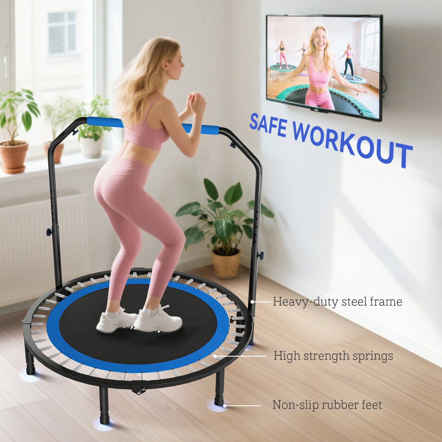 HOMCOM 48" Foldable Mini Fitness Trampoline, with Adjustable Foam Handle, Blue