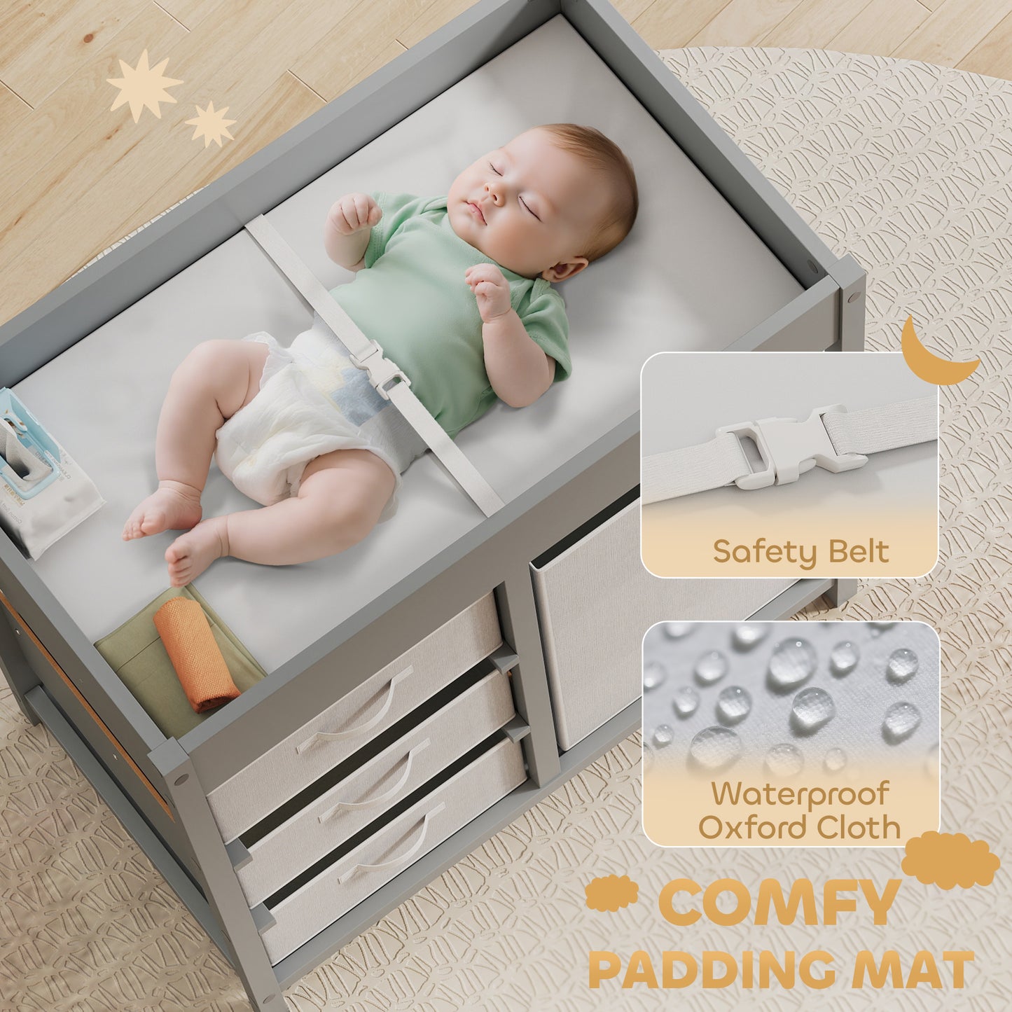 AIYAPLAY Baby Changing Unit with 4 Storage Drawers, Mat for Bedroom Nursery, 84 x 84.5 cm, Grey