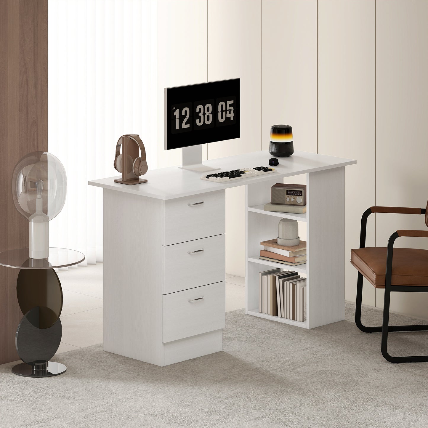 HOMCOM Computer Desk, Writing Table, PC Workstation with 3 Storage Shelves and Drawers, Silver Handle, for Home Office, White