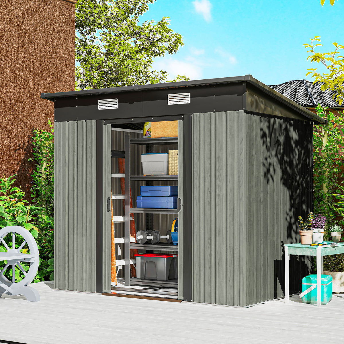 Outsunny 7 x 4ft Outdoor Storage Shed with Foundation Kit, Lean to Metal Garden Shed for Log, Rubbish Bin, Tool, Bike, Light Grey