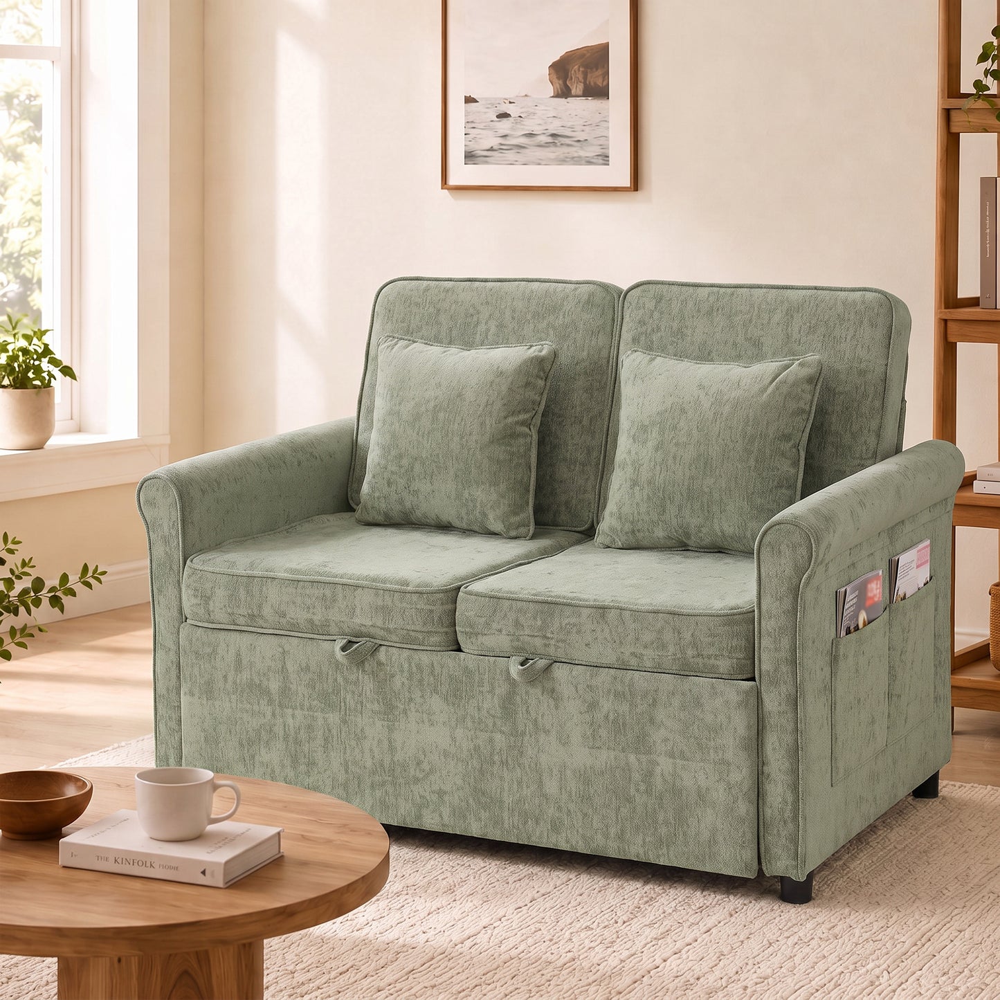 HOMCOM 2 Seater Sofa Bed 3-in-1 Convertible Chenille Pull Out Sleeper Sofa with 5-Position Adjustable Backrest, Light Green