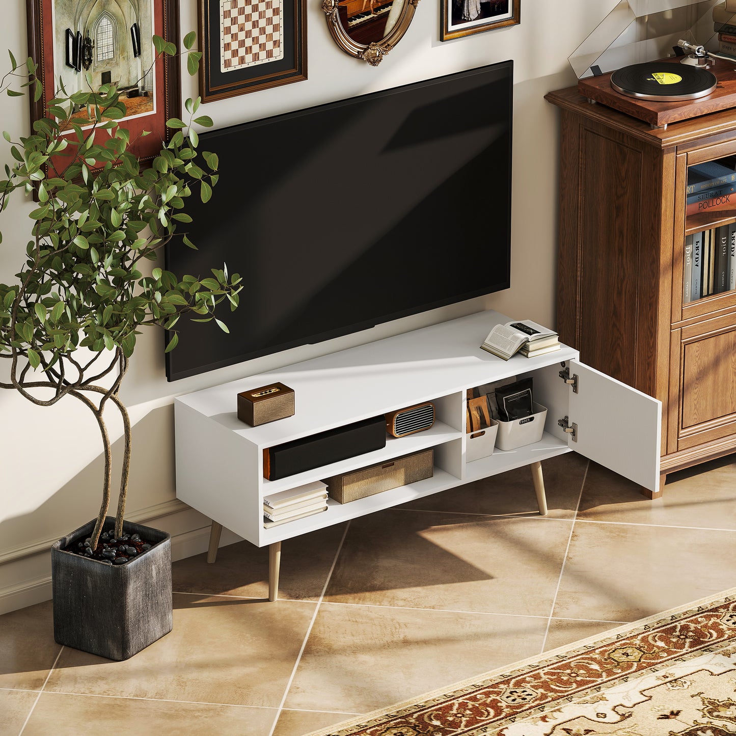 HOMCOM TV Stand up to 55 Inches, TV Unit with Open Shelves and Cable Holes - White