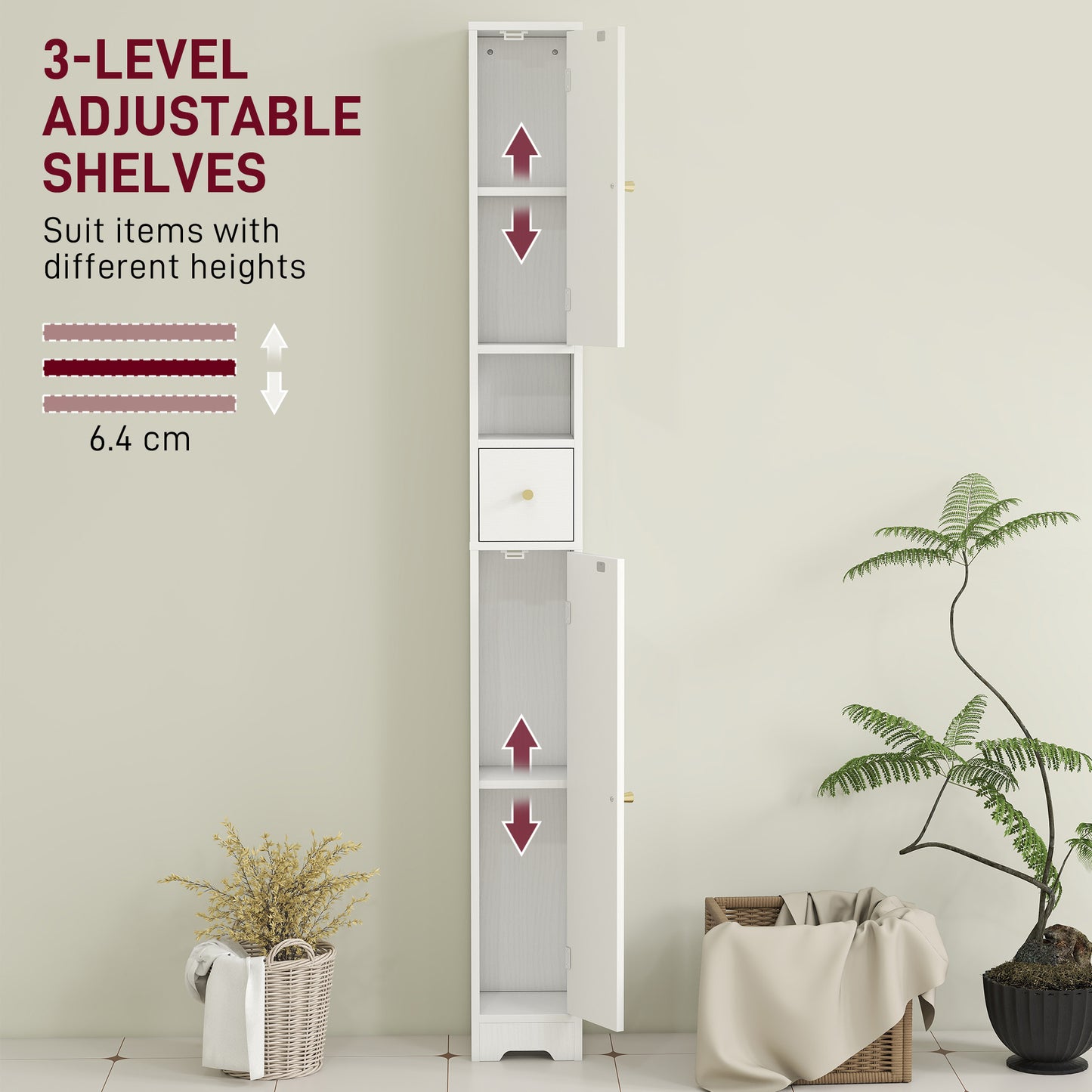 HOMCOM 185 cm Tall Bathroom Cabinet with Arched Doors - White