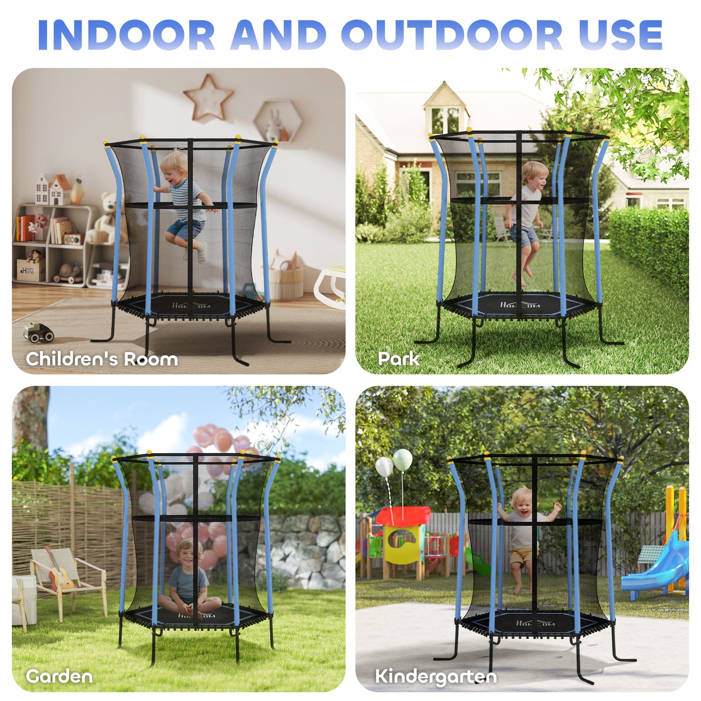 HOMCOM Kids Trampoline Mini Bouncer with Enclosure Safety Net For Ages 3-10 Years - Blue