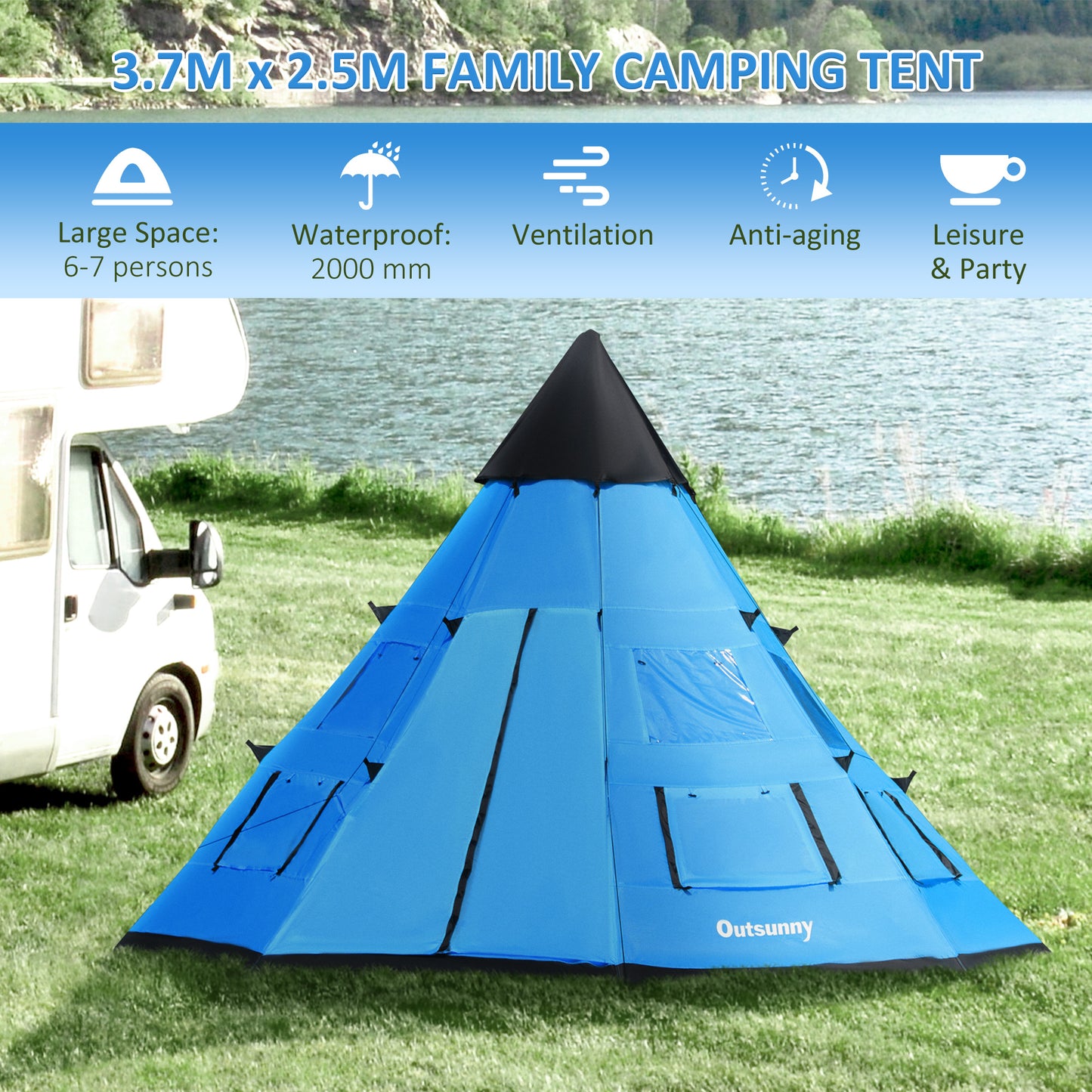 Outsunny 6 Men Tipi Tent with Carry Bag - Blue